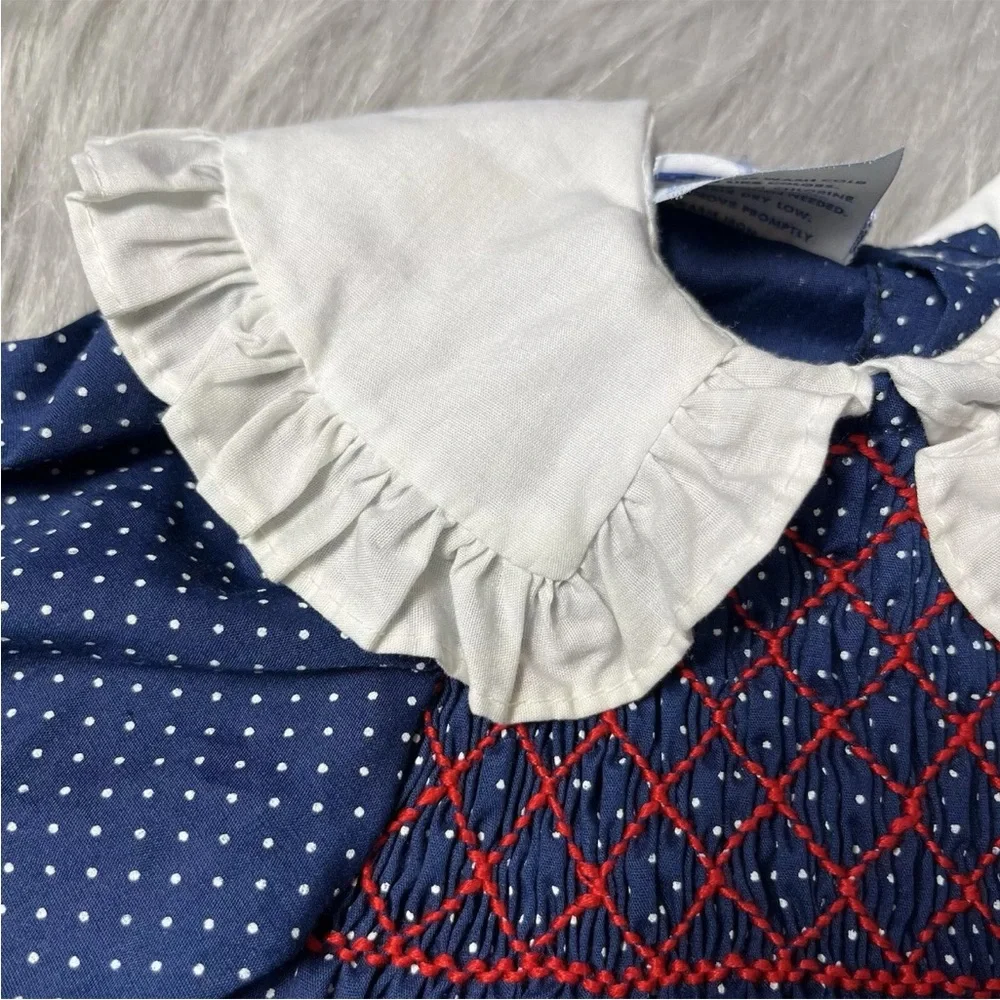 Vintage Polly Flinders Toddler Girls Dress Navy Red White Dot Smocked